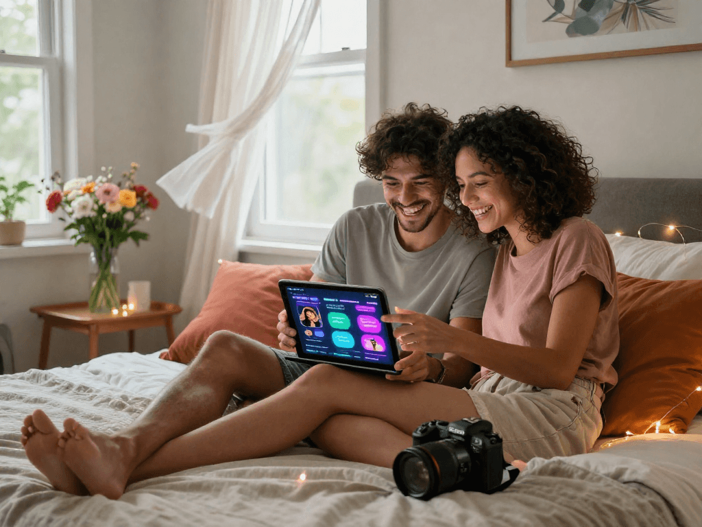 Couple exploring sex AI app together in a cozy bedroom to enhance intimacy.
