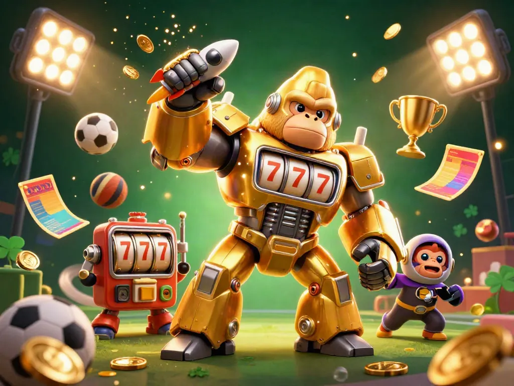 Engage with ee88a's dynamic 3D gambling scene featuring an impressive golden gorilla mech surrounded by sports elements.