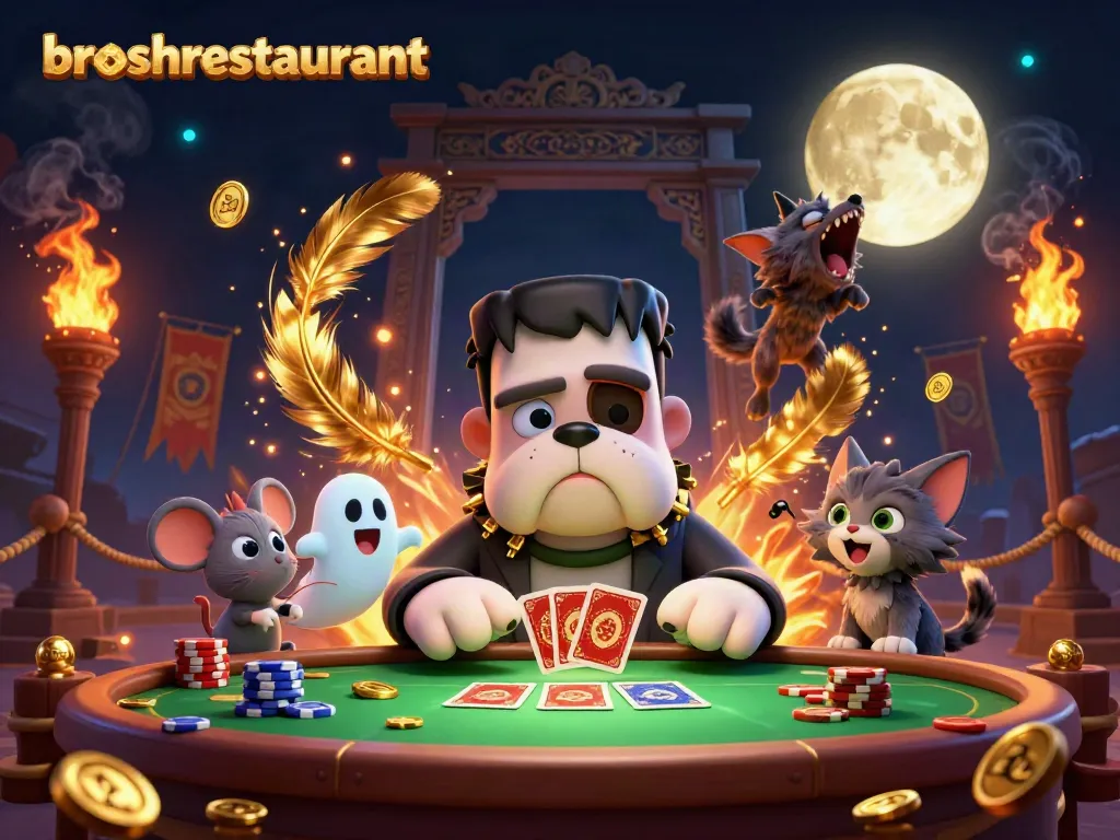 Broshrestaurant features a whimsical 3D scene with a bulldog monster dealing cards in a spooky casino atmosphere.
