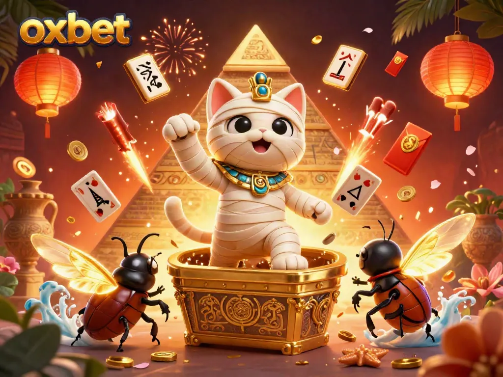 Join the excitement at oxbet with a cartoon Egyptian mummy cat and scarab beetle in a vibrant casino scene.