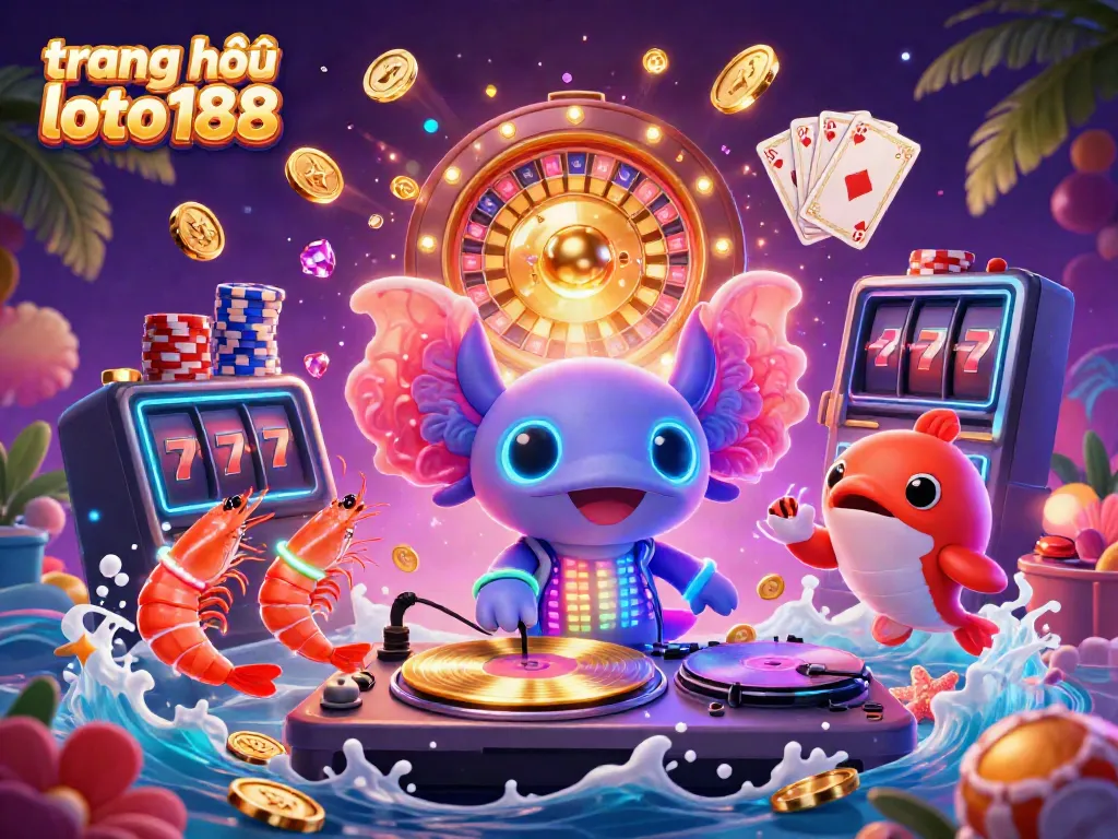 Experience vibrant gaming action at trang chủ loto188 with axolotl DJ and glowing gems.