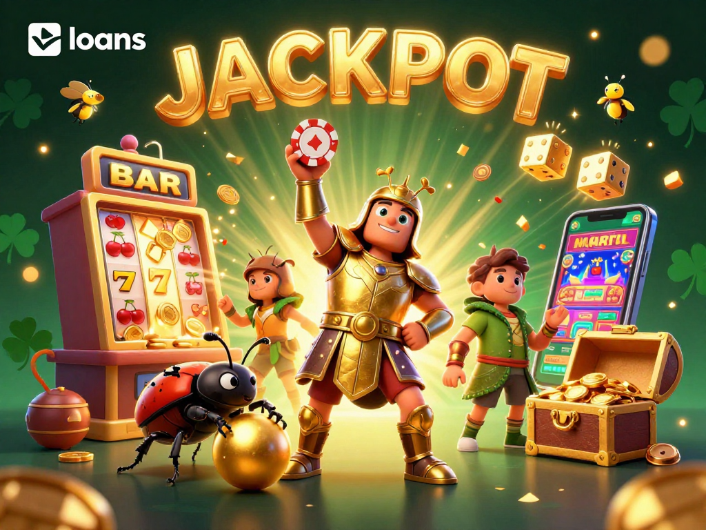 Experience thrilling loans excitement with jackpot symbols and bursting slot machines in a vibrant scene.