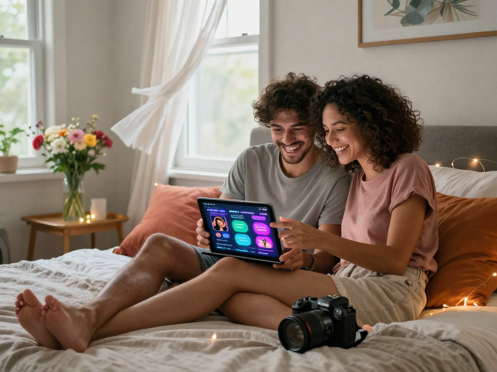 Couple exploring sex AI app together in a cozy bedroom to enhance intimacy.