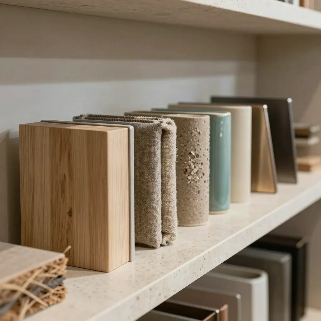 Material sourcing samples in a showroom: veneer, cloth, ceramic and brushed metal