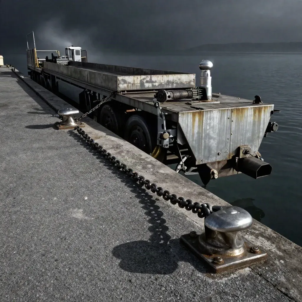 Coupled trailer, chain lashings and a dock beacon at a harbour loading edge.