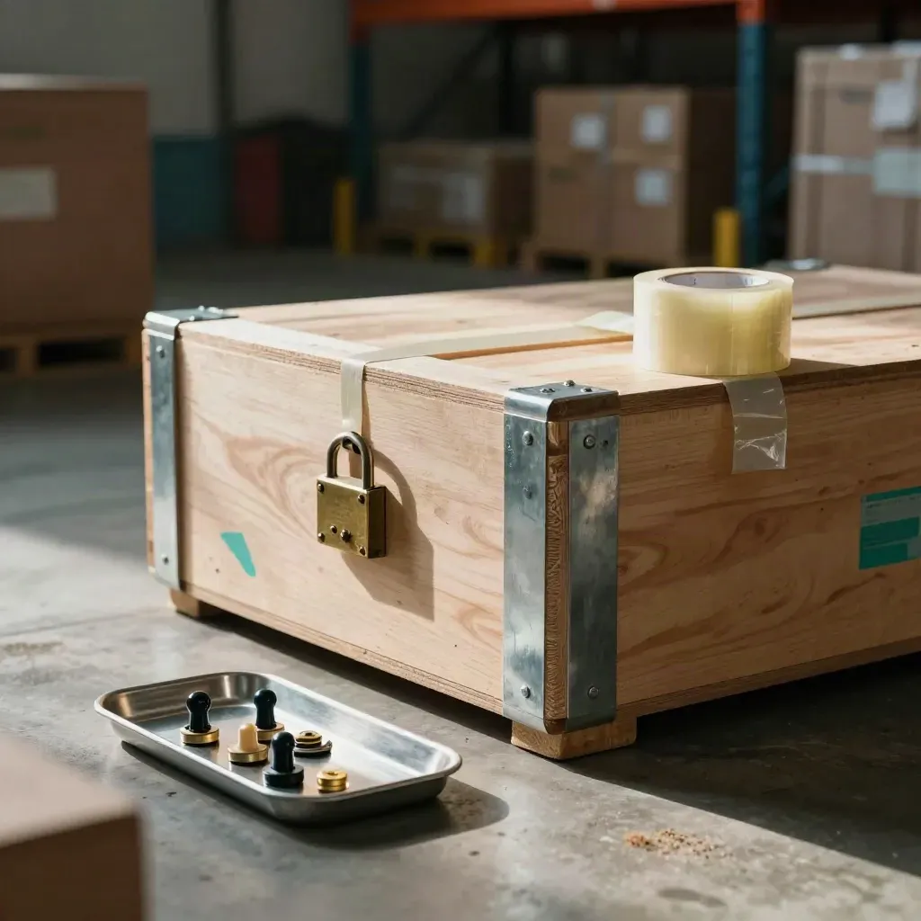 Sealed export crate with origin lock and tamper tape in a warehouse inspection bay