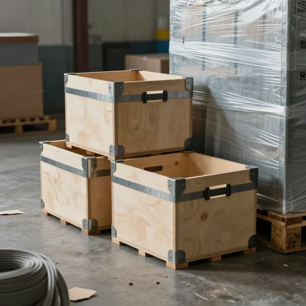 Three export sample crates, a dispatch rack and a wrapped pallet in a quiet warehouse.
