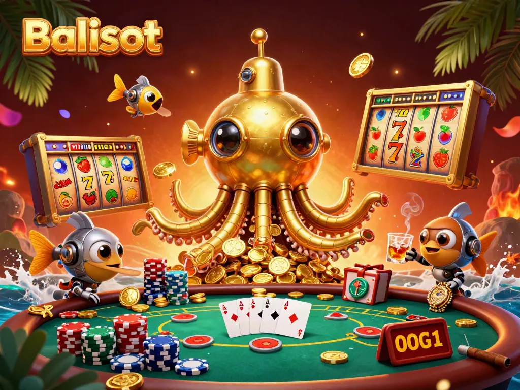 Immerse in Balislot's thrilling world with a golden kraken amidst slots and poker tables
