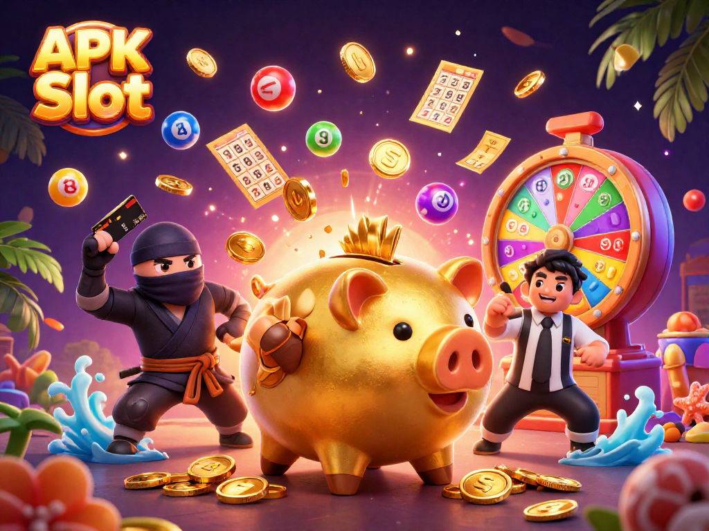 Experience APK Slot fun with an energetic casino scene featuring dynamic characters and colorful elements.