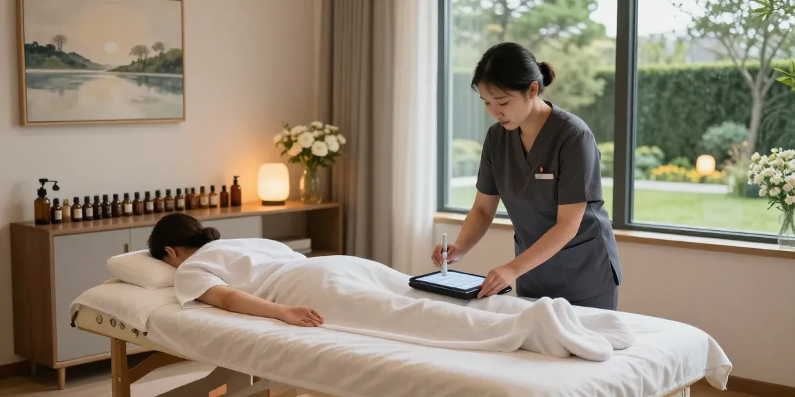 강남출장안마 in a serene massage room with a professional therapist preparing for a session, soft lighting, and calming decor.