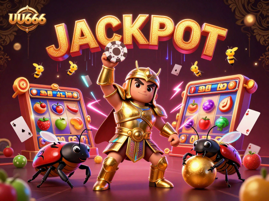 UU666 invites players to celebrate with a victorious beetle showcasing its jackpot win amidst vibrant casino elements.