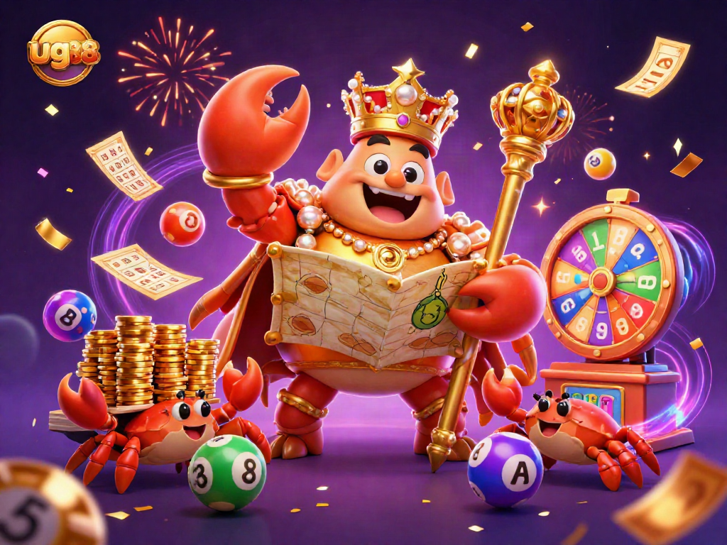 Experience the excitement of ug88 with a golden crab emperor surrounded by dynamic lottery and bingo elements.