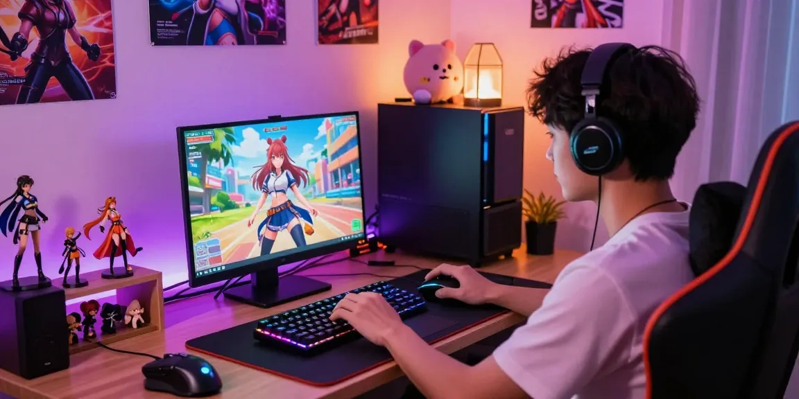 Engaging gamer enjoying hentai games on a laptop in a cozy, vibrant gaming room.