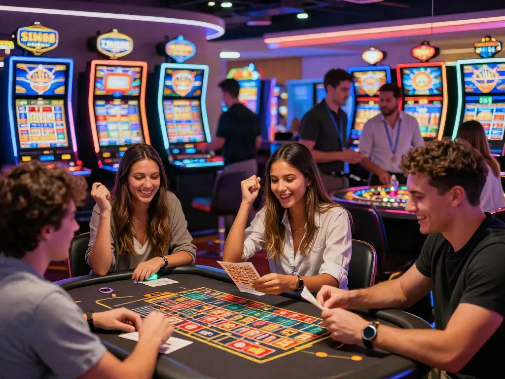 SIN88 casino scene with friends celebrating wins in a lively, colorful environment.