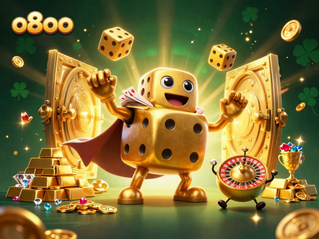 Capture wins with o8oo's dynamic golden dice golem and gleaming treasure in an enchanting casino scene.