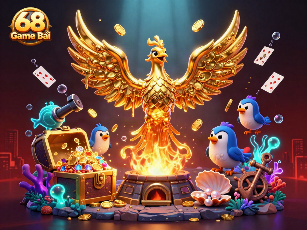 Experience thrilling gameplay with 68 Game Bài as molten gold spills from a phoenix, surrounded by treasure.
