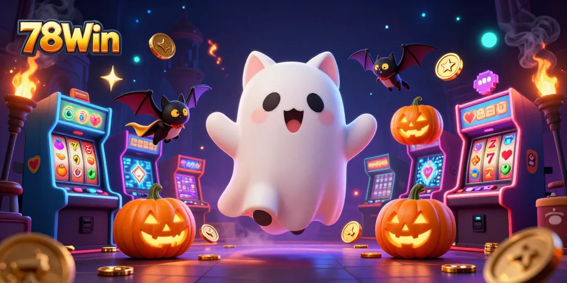 Depict 78Win's exciting slot gaming scene with a friendly ghost cat and a vampire bat among glowing symbols.