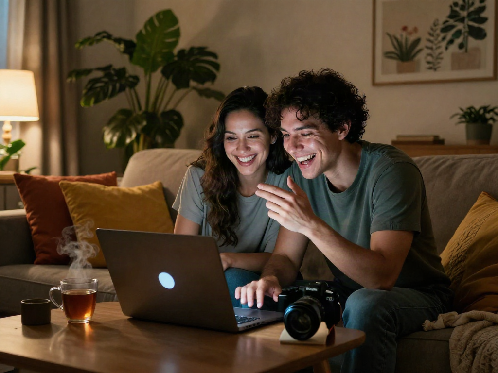 Engaging sexchat in a cozy living room with a couple sharing smiles over a playful video call.