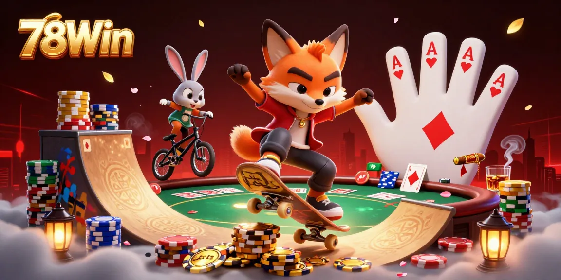 Experience exciting gameplay at 78Win with cartoon characters performing incredible tricks in a vibrant casino scene.