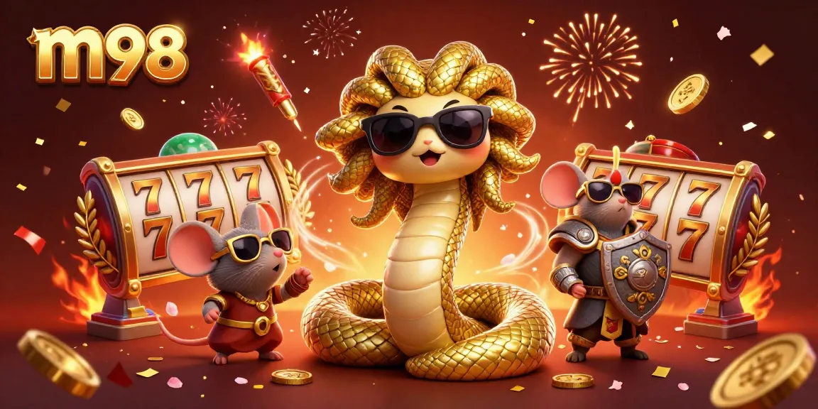 Experience the excitement of m98 with vibrant 3D characters and gambling elements in a festive scene.
