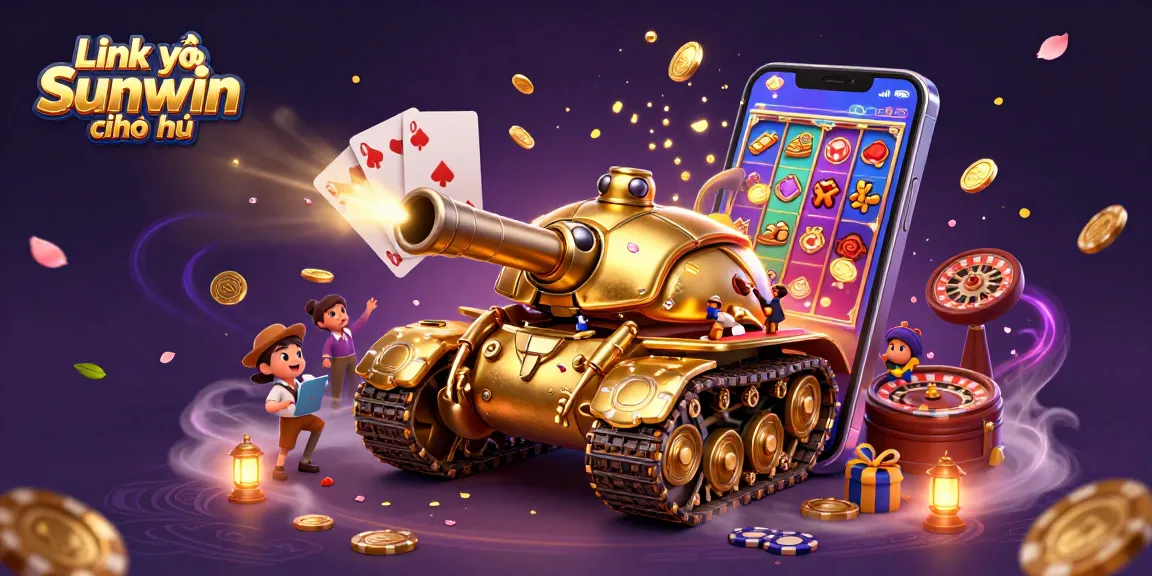 Experience excitement with Link vào Sunwin chính thức featuring a golden beetle tank casino bursting with coins.