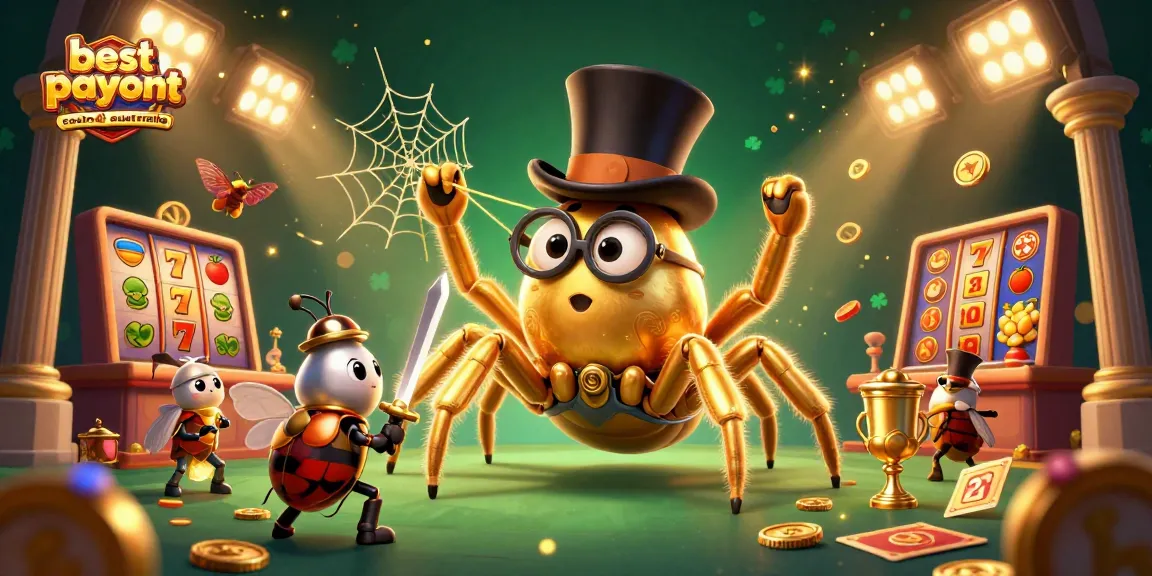 Engage with the best payout casino online Australia through this vibrant scene of a golden tarantula and beetle knight amidst slot reels and gold coins.