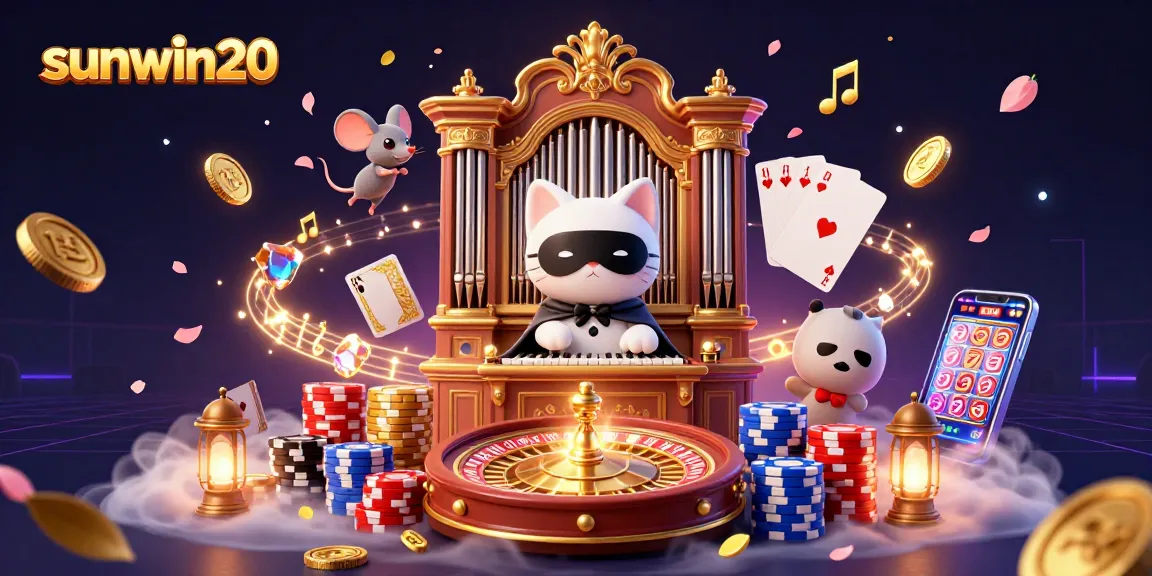 Experience fun and excitement at sunwin20 with a lively casino-themed 3D illustration full of game elements.