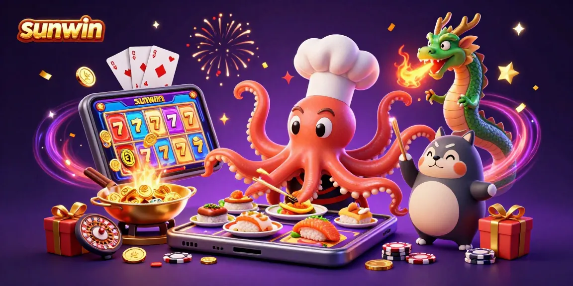 Sunwin connects players with exciting slot games through a vibrant 3D illustration featuring colorful characters.