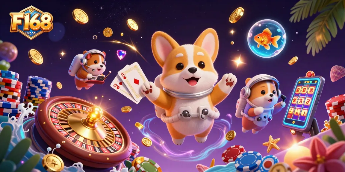 Play exciting casino games at F168 with a cartoon astronaut corgi and colorful poker elements.