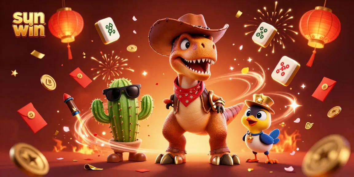 Engage with sun win's vibrant casino scene featuring a cowboy dinosaur and dynamic game elements.