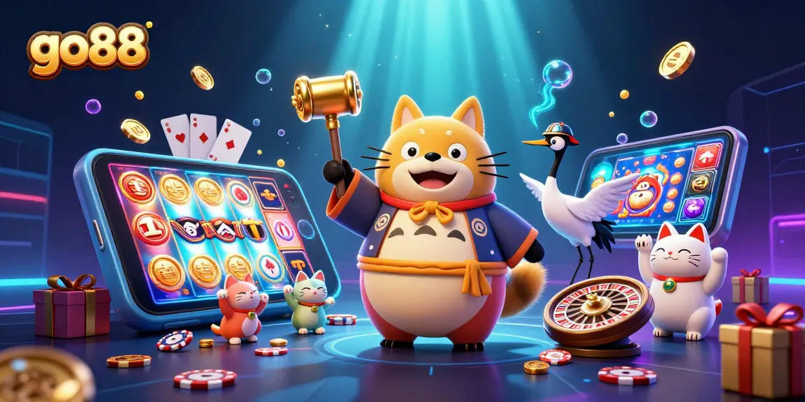 Experience go88's vibrant gaming scene with cheerful tanuki, games, and festive elements.