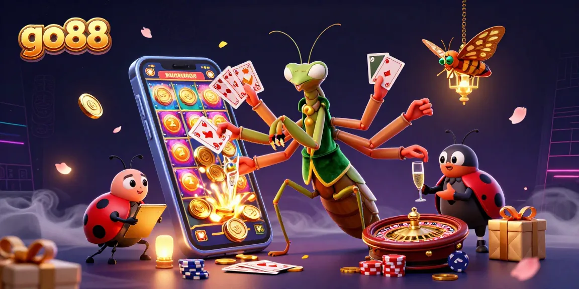 Experience the excitement of go88 with a vibrant 3D illustration depicting dynamic casino scenes filled with lively characters.